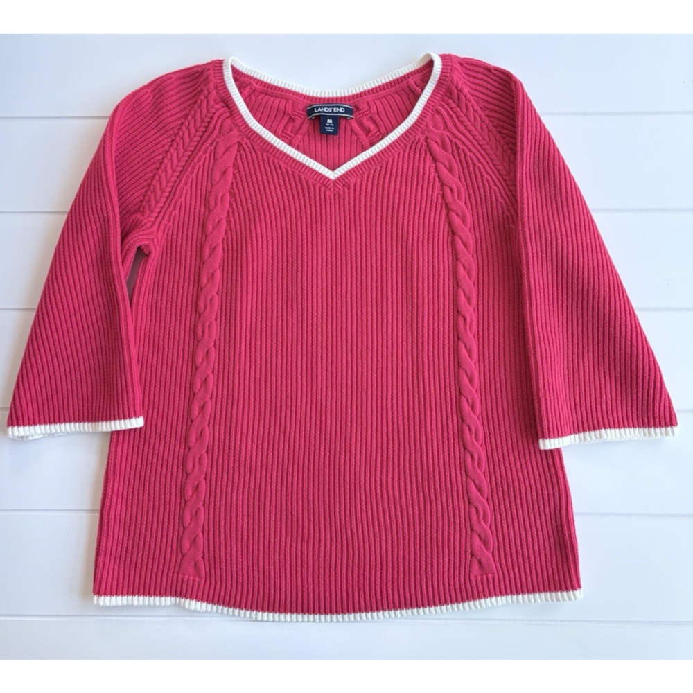 Lands End Cable Knit Ribbed V-Neck Sweater 100% Cotton Pink Red White Contrast M